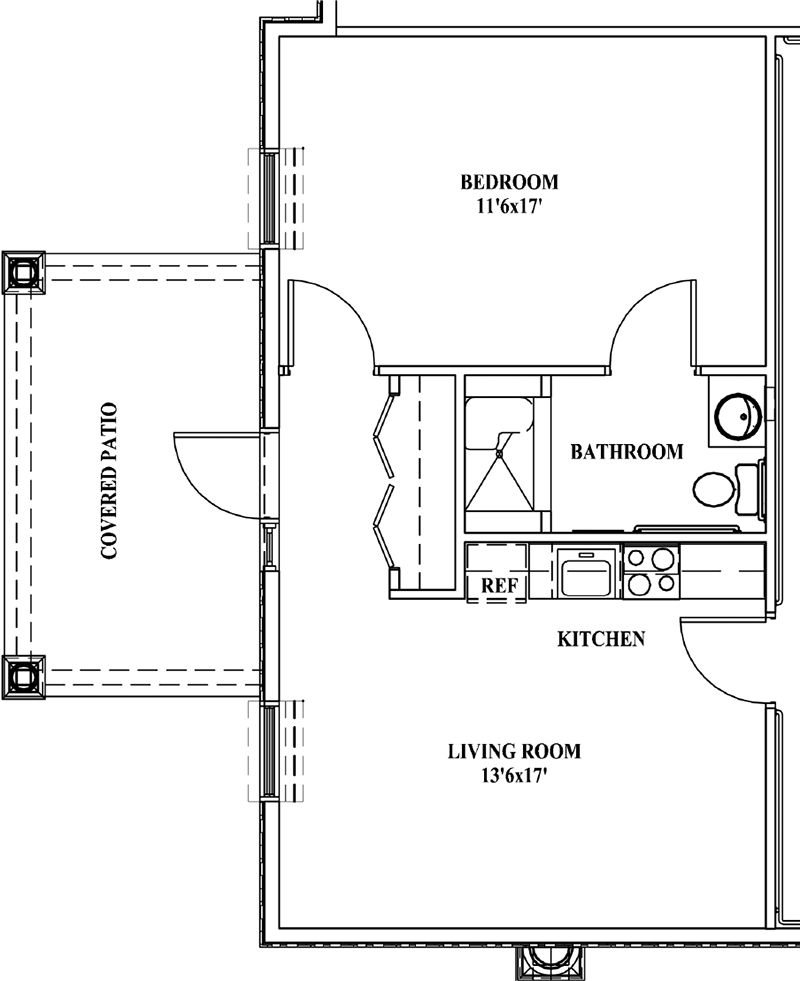 One Bedroom with Living Room and Patio Floor Plan